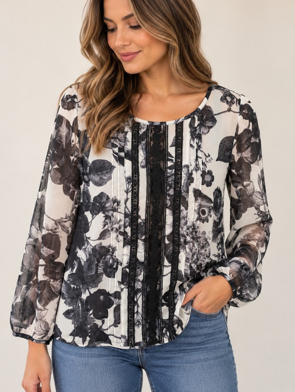 Frenchi Black & White Floral Lace-Trim Blouse